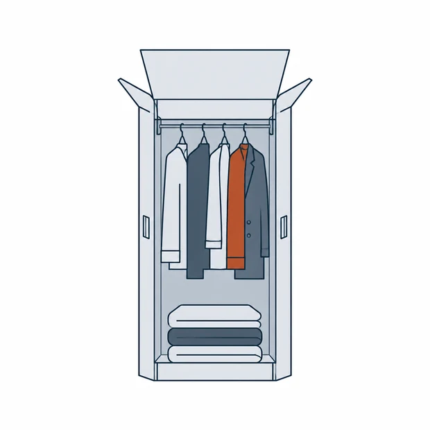 A tall wardrobe carton open to show a hanging rail with garments, and a folded stack of linen