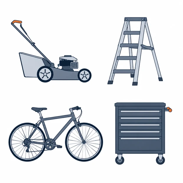 A push lawn mower, an open step ladder, a bicycle and a rolling tool chest