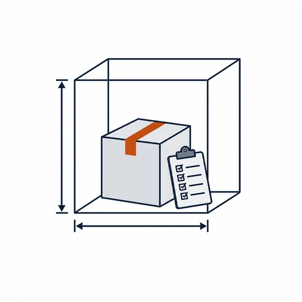 A wireframe cube with dimension arrows, a moving carton inside it and a clipboard leaning against it