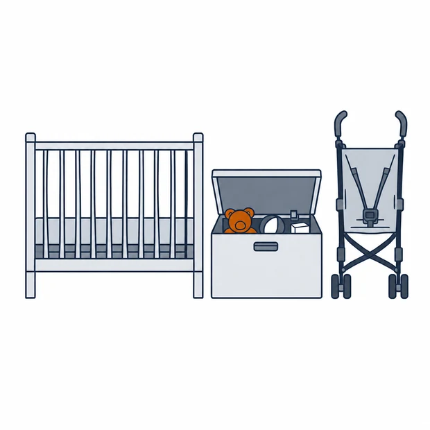 A slatted crib, a toy chest with its lid open and a folding stroller