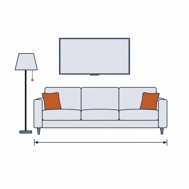 A three-seat sofa with a floor lamp beside it and a flat television on the wall above