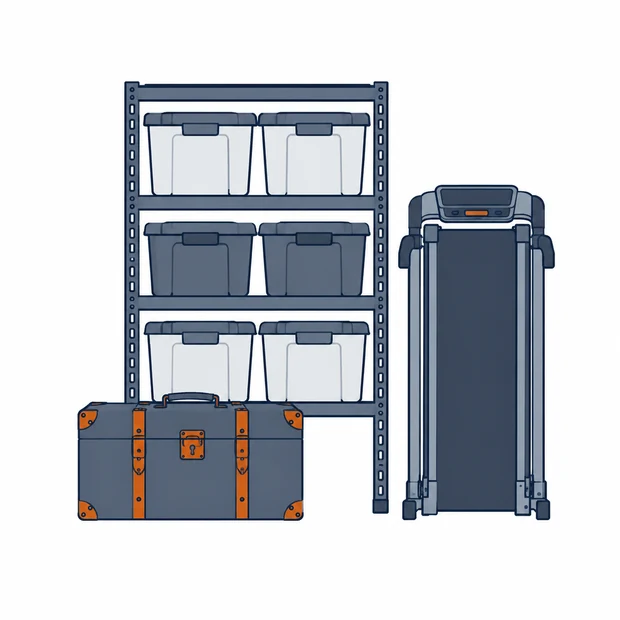 Metal shelving holding stacked plastic totes, a travel trunk and a folded treadmill