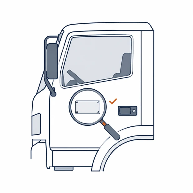 A truck cab door with its carrier plate under a magnifying glass and a check mark beside it