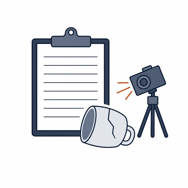 A clipboard with a claim form, a cracked cup lying beside it and a camera on a tripod
