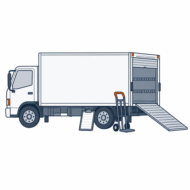 A box truck with the rear door open, a ramp down and a hand truck beside it