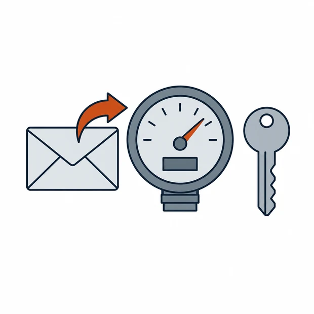 An envelope with a mail forwarding arrow, a utility meter dial and a door key